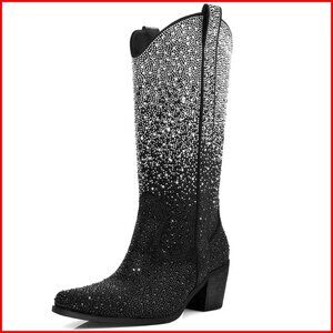 Wide Calf Rhinestone Cowgirl Boots Pointed Toe Chunky Heel Side Zip